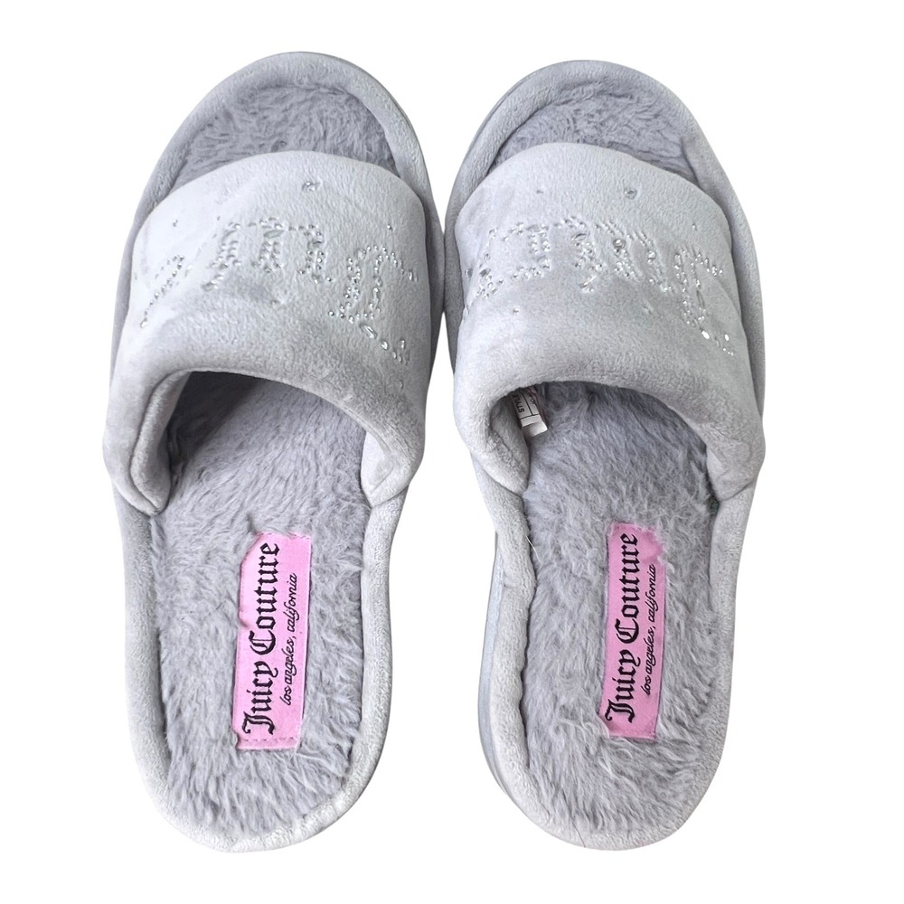 Juicy Couture Slide Slippers Womens M Grey Rhinestone Logo Faux Fur Plush - Picture 4 of 10